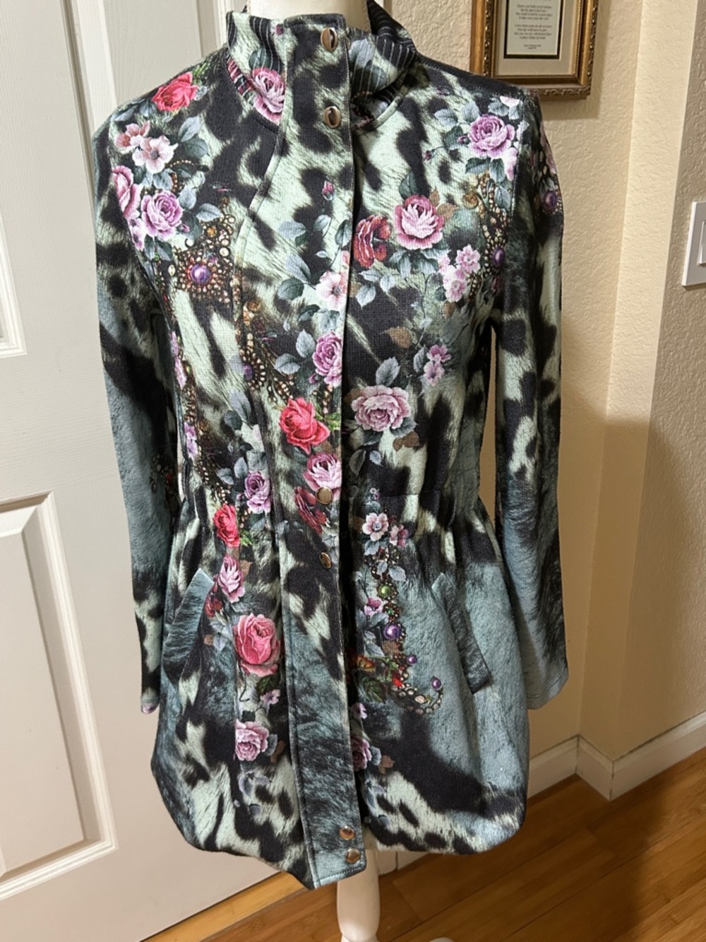 Boston Proper Floral & Animal Print Trench Coat in Mint, Black & Pink